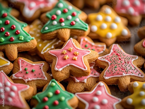 A festive assortment of colorful Christmas cookies in star and tree shapes, beautifully decorated with icing and sprinkles. photo