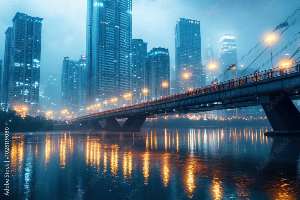 Naklejka premium City Bridge Against Misty Skyline at Night
