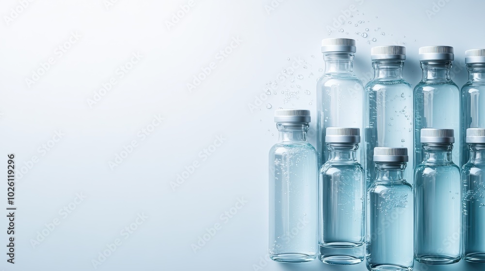 A collection of transparent bottles filled with water are neatly arranged against a light blue background, representing purity, hydration, and the simplicity of modern design. A collection of transparent bottles filled with water are neatly arranged against a light blue background, representing purity, hydration, and the simplicity of modern design.