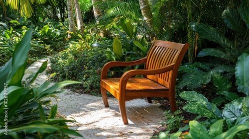 Serene Wooden Bench in Lush Green Garden Space