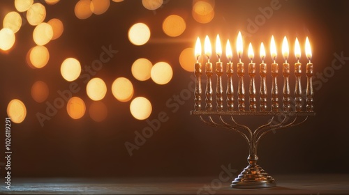 Elegant menorah with candles lit against a warm, glowing bokeh background, symbolizing the celebration of Hanukkah and its traditions.