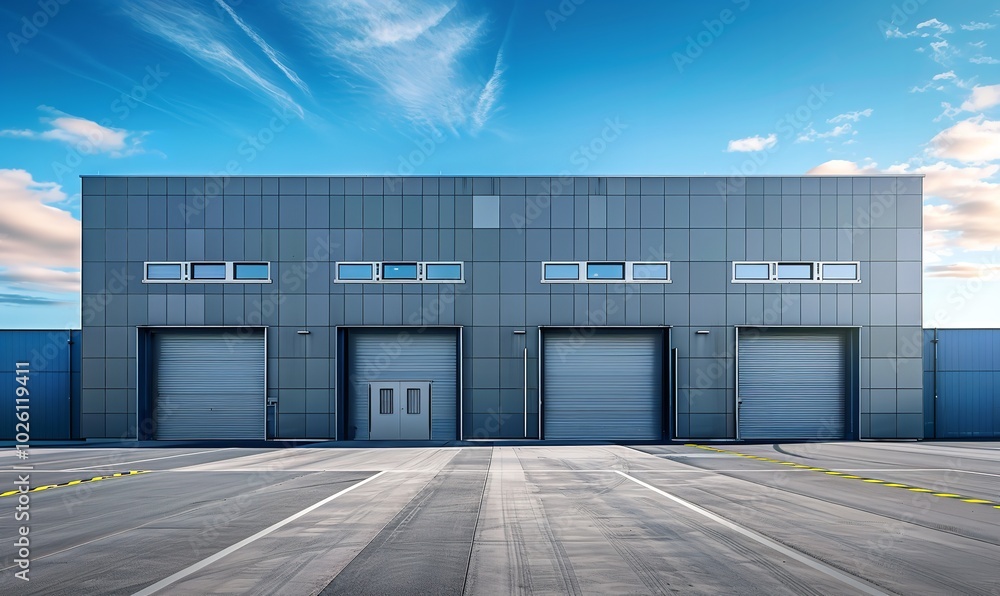 loading doors and a blue sky at a contemporary industrial facility, Generative AI. loading doors and a blue sky at a contemporary industrial facility, Generative AI.