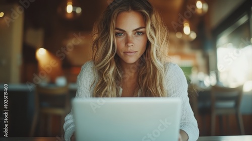 A young woman with wavy hair intensely focuses on her laptop while seated in a warmly lit room, embodying concentration and digital engagement in modern life.