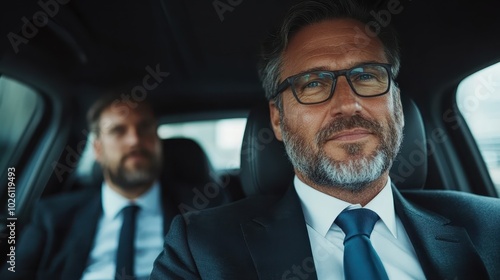 Two men in business attire are sitting inside a car, with one in focus and the other blurred, engaging in a serious business conversation while traveling.