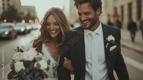 Obraz na płótnie A bride and groom sharing joyful smiles as they walk together arm in arm after their wedding ceremony, symbolizing love, commitment, and new beginnings. w salonie