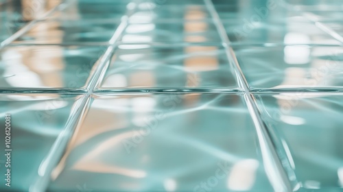 Glass tiles exhibit gentle waviness as light reflects across their surfaces, conveying a sense of serenity and modern minimalism with subtle optical illusions. photo