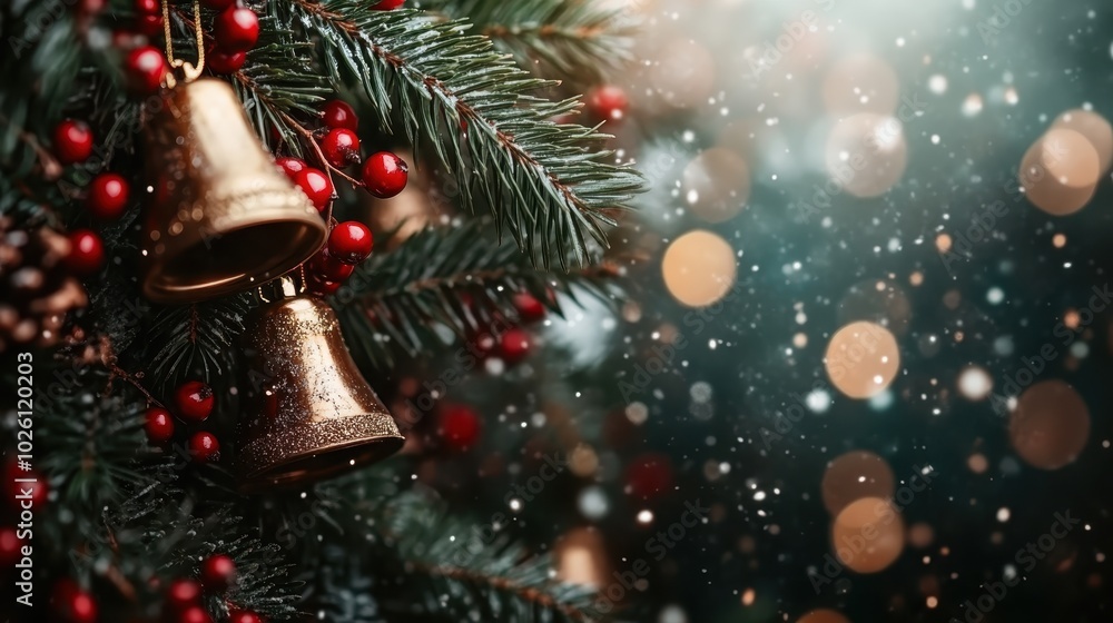 A close-up of shiny holiday bells on a bed of festive Christmas greenery, enhanced by decorative berries and a background of softly falling snowflakes. A close-up of shiny holiday bells on a bed of festive Christmas greenery, enhanced by decorative berries and a background of softly falling snowflakes.