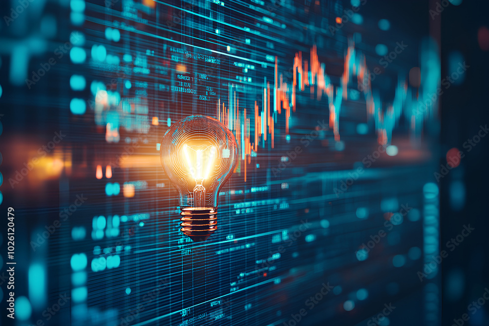 Fototapeta premium Price chart with candlestick patterns and glowing light bulb representing innovation, blue and green stock movement lines 