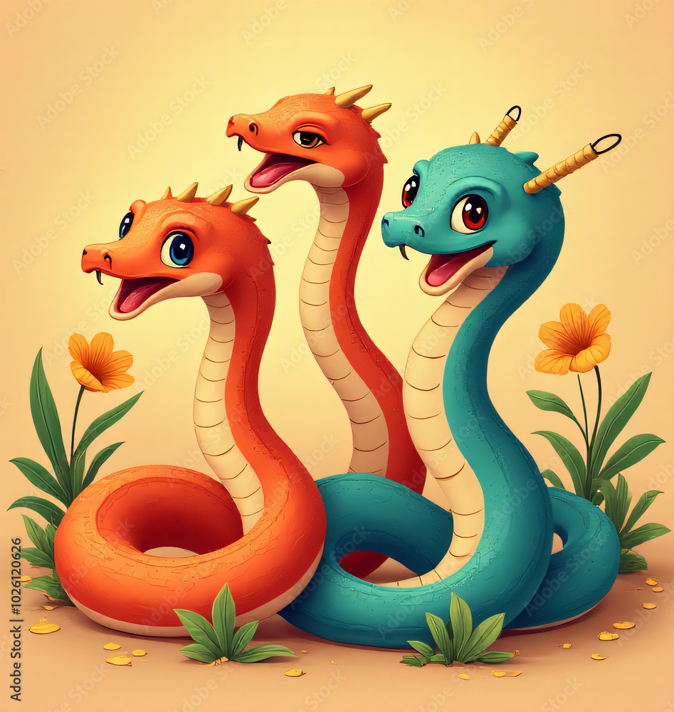 Obraz premium A group of cute cartoon snakes have become a popular symbol associated with good luck and prosperity in various cultures worldwide._00001_