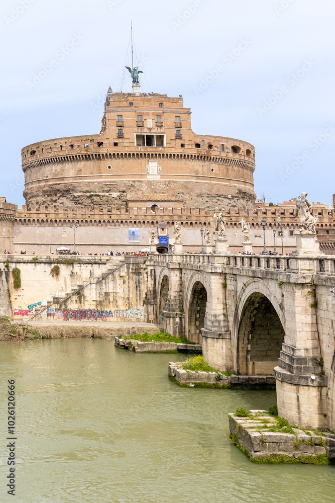 Rome, Italy - April 09, 2024: Castel Santo Angelo in Rome with tourists crowding its surroundings in Rome, Italy Rome, Italy - April 09, 2024: Castel Santo Angelo in Rome with tourists crowding its surroundings in Rome, Italy