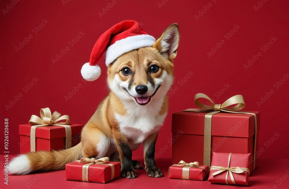 Fennec smiling wearing a Santa Claus hat, among boxes of presents on a red background. Generated AI Fennec smiling wearing a Santa Claus hat, among boxes of presents on a red background. Generated AI