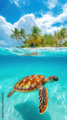 Sea turtle swimming in clear tropical waters with a beach and palm trees in the background. 