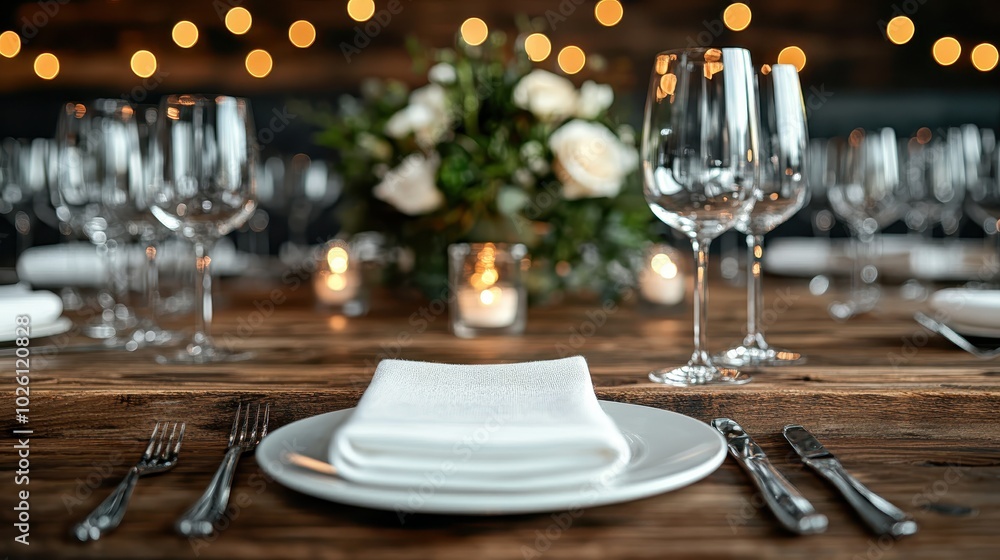 Elegant dining table arrangement featuring white flowers and soft candlelight, creating a serene and sophisticated ambiance perfect for formal gatherings. Elegant dining table arrangement featuring white flowers and soft candlelight, creating a serene and sophisticated ambiance perfect for formal gatherings.