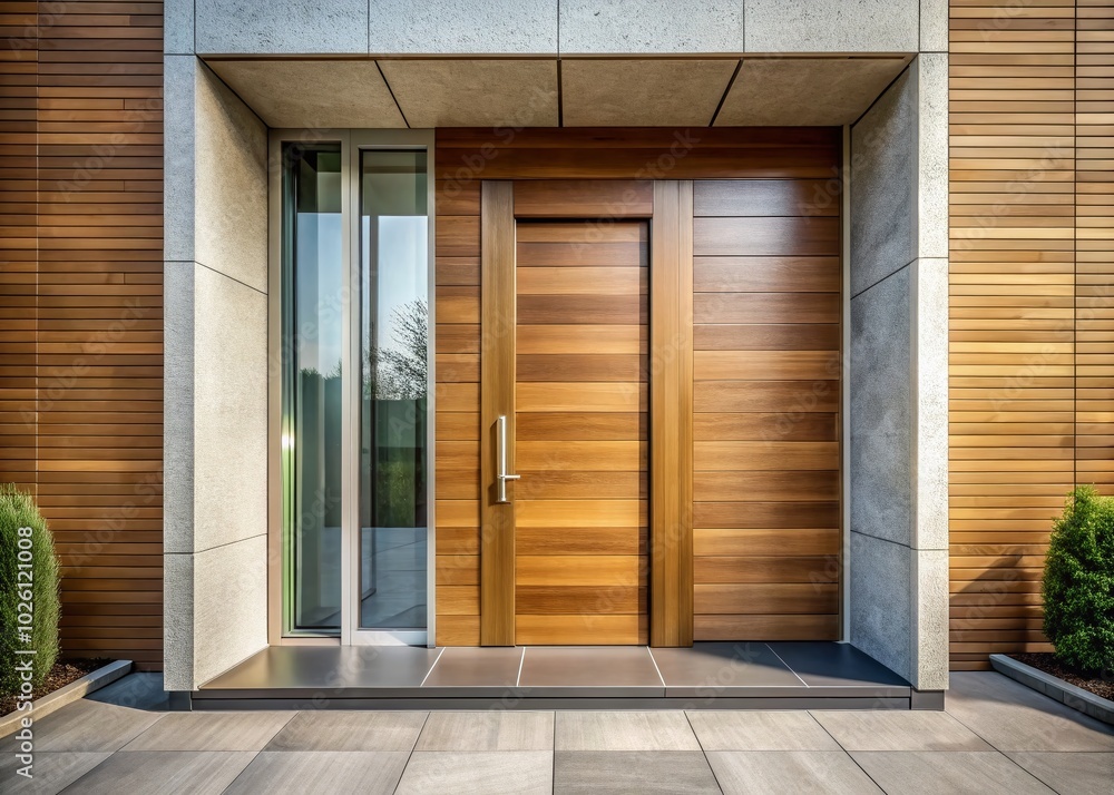 Fototapeta premium Modern Wooden Closed Front Door Entrance in Minimalist Urban Interior Design - Flat Line Icon Collection