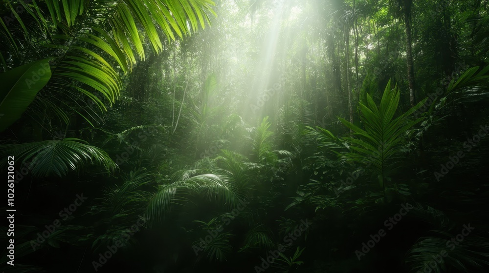 A captivating view of a dense jungle as sun rays pierce through lush green foliage, creating an enchanting play of light and shadow in this serene ecosystem. A captivating view of a dense jungle as sun rays pierce through lush green foliage, creating an enchanting play of light and shadow in this serene ecosystem.