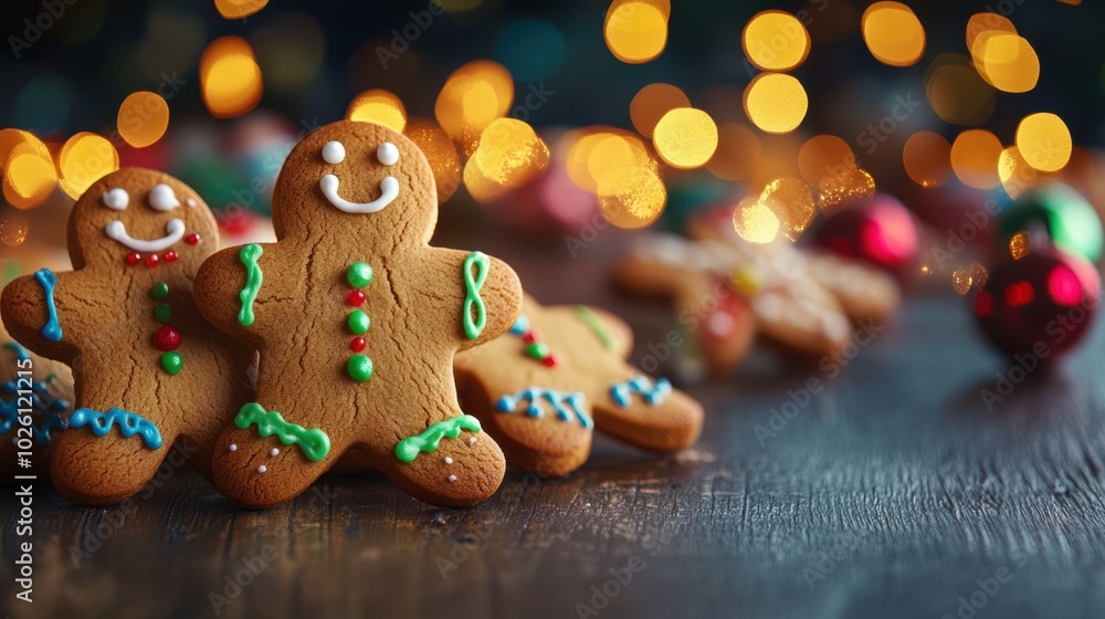 Gingerbread men cookies with colorful icing, sitting on a wooden table with a deep navy background and glowing Christmas bokeh, copy space, Merry Christmas background, festive cookie display Gingerbread men cookies with colorful icing, sitting on a wooden table with a deep navy background and glowing Christmas bokeh, copy space, Merry Christmas background, festive cookie display
