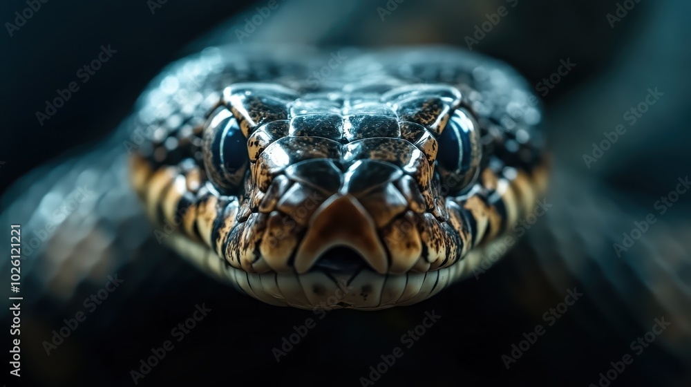 A mesmerizing image capturing the intense, focused gaze of a snake's head in sharp detail, highlighting the textured scales and the animal's stealthy nature. A mesmerizing image capturing the intense, focused gaze of a snake's head in sharp detail, highlighting the textured scales and the animal's stealthy nature.