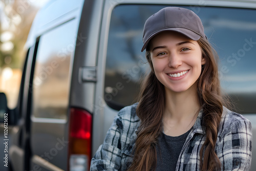 A cheerful smiling female delivery driver standing in front of a delivery van, Happy employee, Logistics and transportation industry