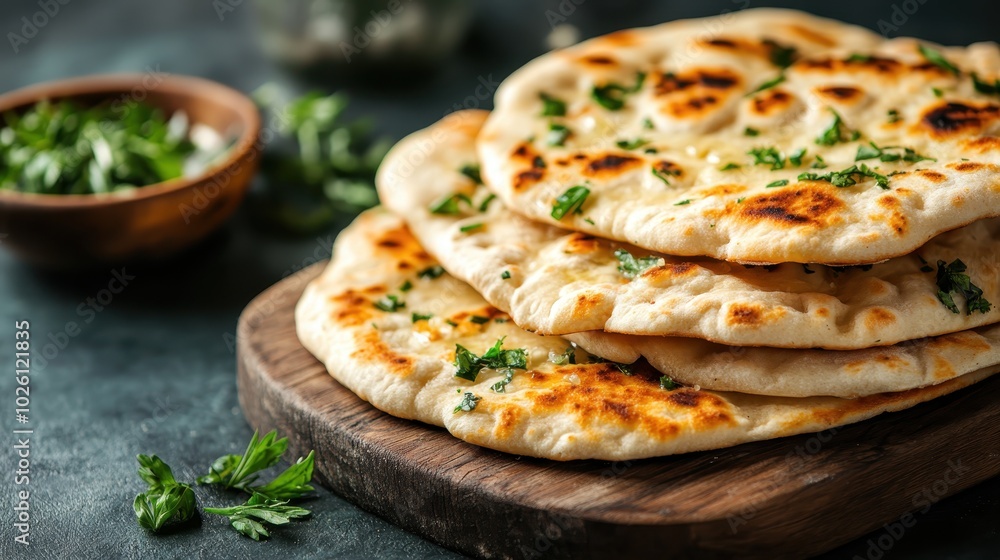 A mouthwatering presentation of soft, warm flatbreads on a rustic wooden board, artistically adorned with fresh herbs for a touch of nature and freshness. A mouthwatering presentation of soft, warm flatbreads on a rustic wooden board, artistically adorned with fresh herbs for a touch of nature and freshness.