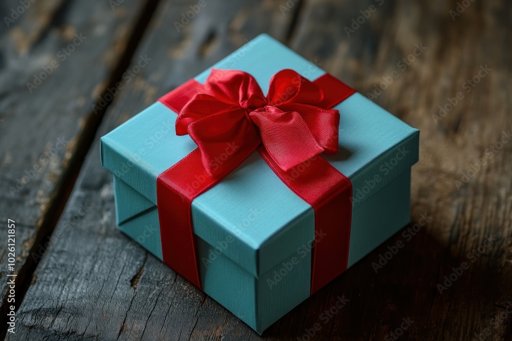 Blue Gift Box with Red Ribbon on Wooden Table Blue Gift Box with Red Ribbon on Wooden Table