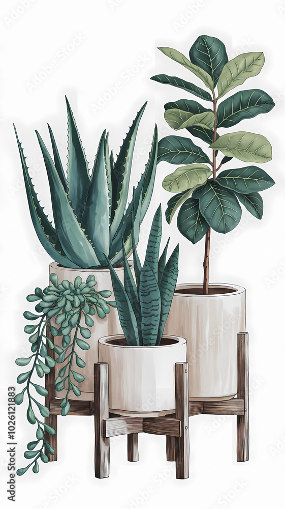 array of potted plants , watercolor illustration, isolated on white background array of potted plants , watercolor illustration, isolated on white background