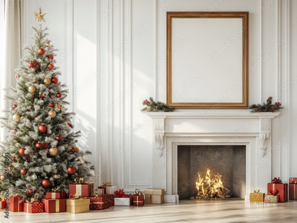 Empty wood frame on the wall above a fireplace in a white living room, Christmas tree adorned with Christmas ornaments, with red and gold presents underneath, sunlight filling the room