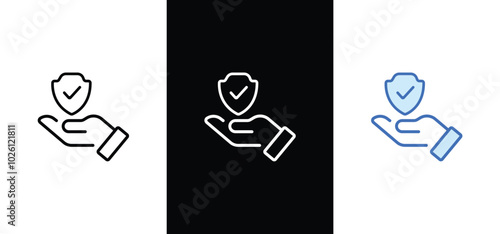 Insurance hand line and flat icon set. Shield with checkmark on hand symbol.