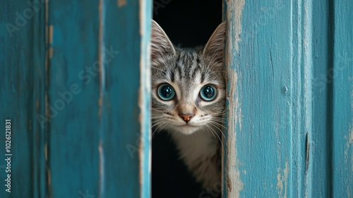 Playful Cat Peeking Out from a Door with Gray and Cyan Wallpaper photo