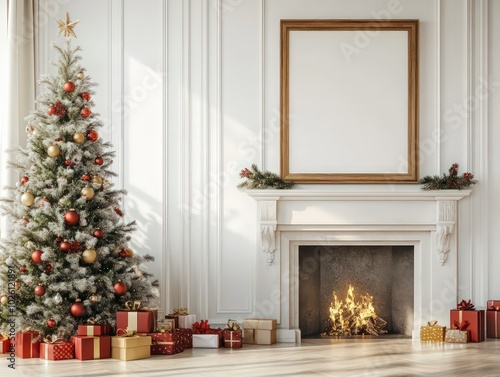 Empty wood frame on the wall above a fireplace in a white living room, Christmas tree adorned with Christmas ornaments, with red and gold presents underneath, sunlight filling the room