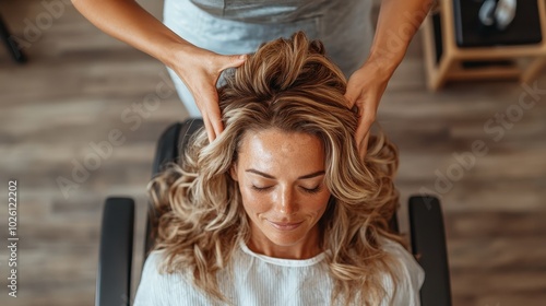 A woman receives a soothing head massage while seated comfortably in a salon chair, emphasizing relaxation and self-care during a luxury spa experience. photo