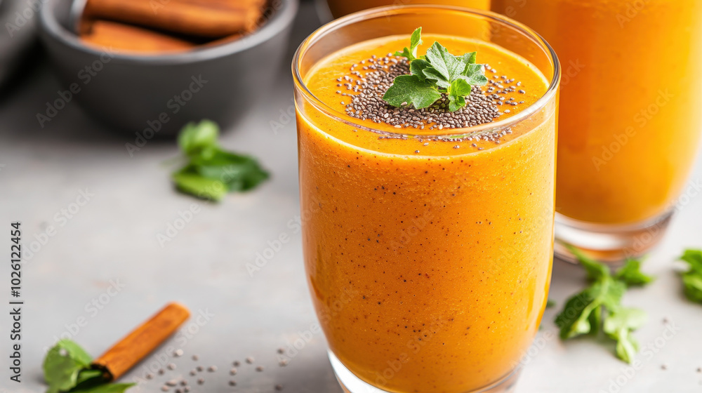 Refreshing orange smoothie topped with chia seeds and mint leaves, served in clear glasses with cinnamon sticks and green herbs Refreshing orange smoothie topped with chia seeds and mint leaves, served in clear glasses with cinnamon sticks and green herbs