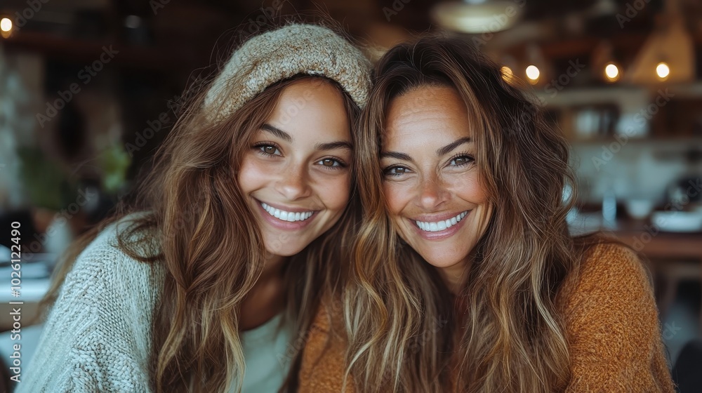 Two women are smiling warmly at the camera, both dressed in cozy autumn clothing, inside a warmly lit room, exuding a sense of happiness and comfort.