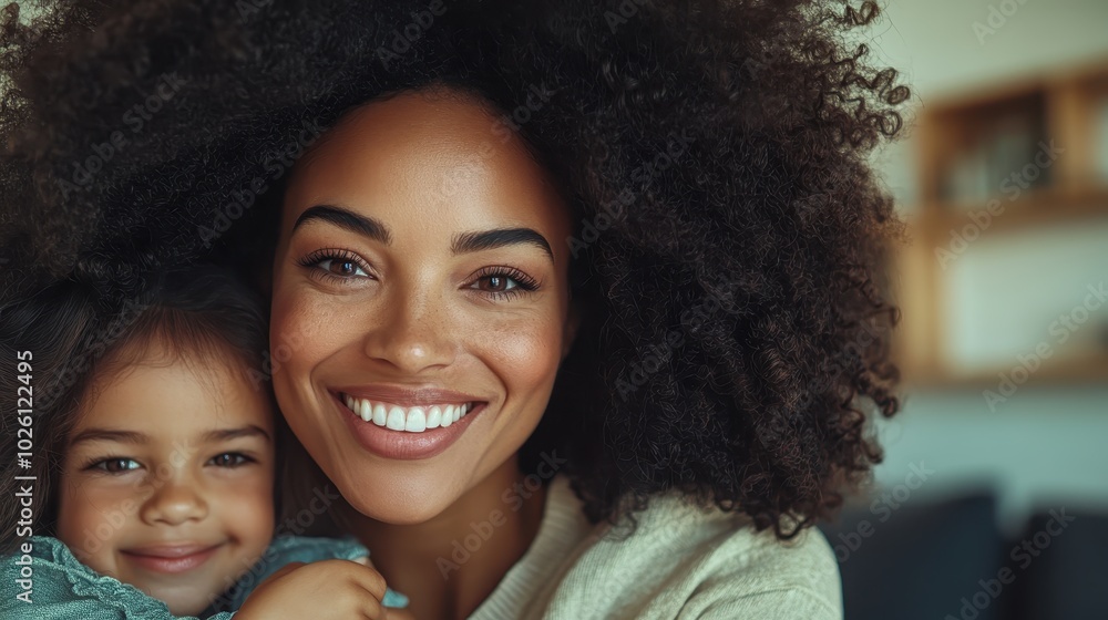 A mother and her young daughter are smiling broadly, sharing an affectionate embrace, with a contemporary home setting in the background, radiating warmth and love. A mother and her young daughter are smiling broadly, sharing an affectionate embrace, with a contemporary home setting in the background, radiating warmth and love.