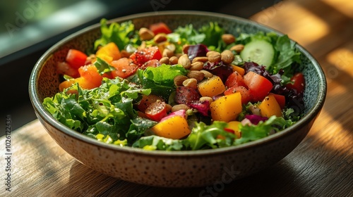 Vibrant Fresh Salad with Mixed Vegetables and Nuts in Sunlight