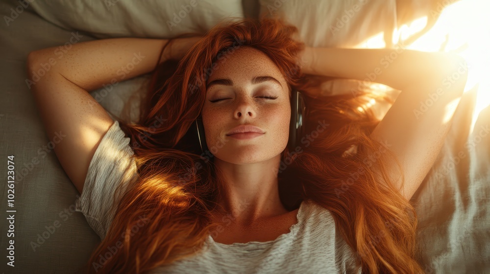 A serene scene of a woman with flowing red hair lying on her back in sunlight, listening to music with headphones, illustrating relaxation and peace in a cozy space. A serene scene of a woman with flowing red hair lying on her back in sunlight, listening to music with headphones, illustrating relaxation and peace in a cozy space.