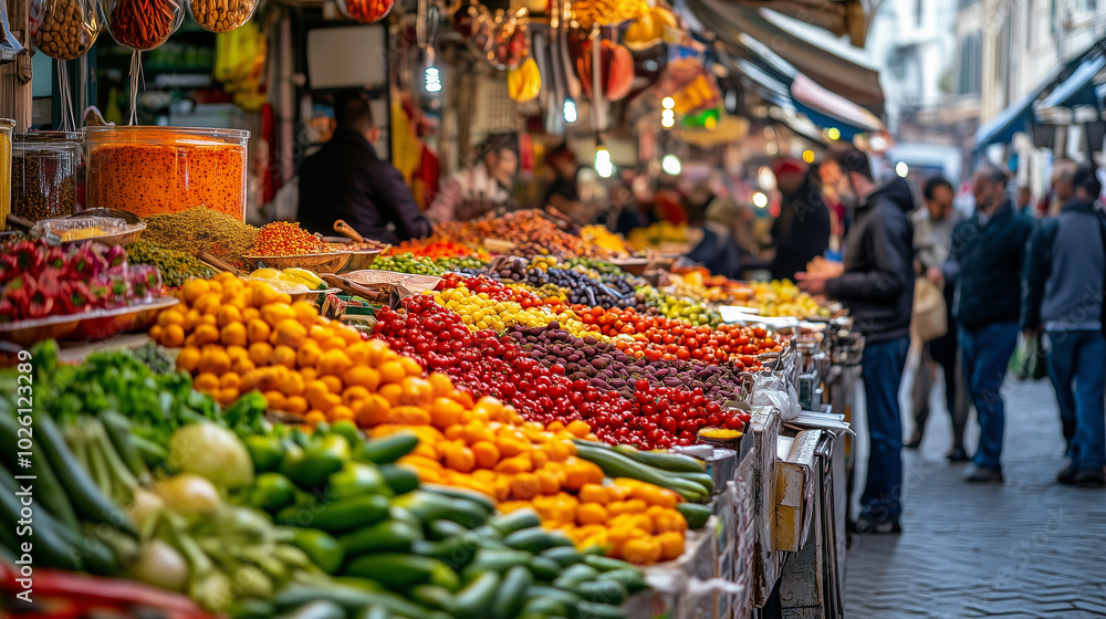 Obraz premium Street Market Filled with Colorful Food Stalls Bustling with Shoppers