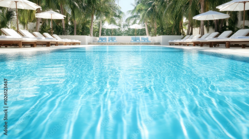 This image captures the tranquil beauty of an inviting swimming pool at a tropical luxury resort, surrounded by palm trees and plush sun loungers under bright umbrellas. This image captures the tranquil beauty of an inviting swimming pool at a tropical luxury resort, surrounded by palm trees and plush sun loungers under bright umbrellas.