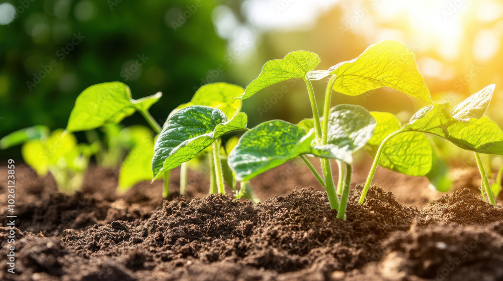 Close-up view of vibrant green bean seedlings emerging from rich dark soil under soft sunlight in a lush garden setting Close-up view of vibrant green bean seedlings emerging from rich dark soil under soft sunlight in a lush garden setting