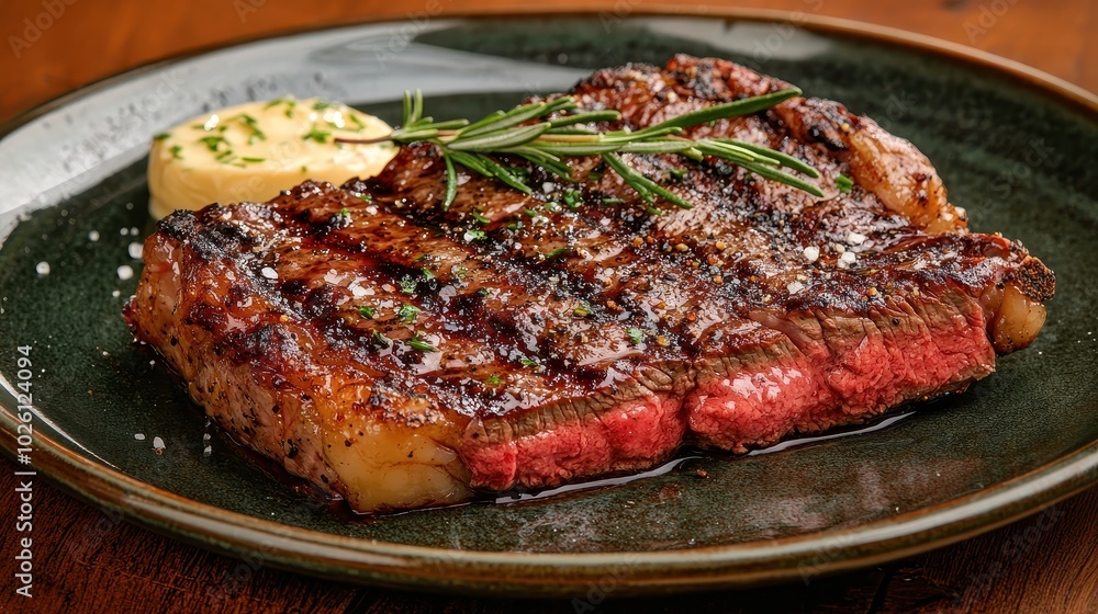 Juicy Grilled Ribeye Steak with Char Marks on Plate Juicy Grilled Ribeye Steak with Char Marks on Plate