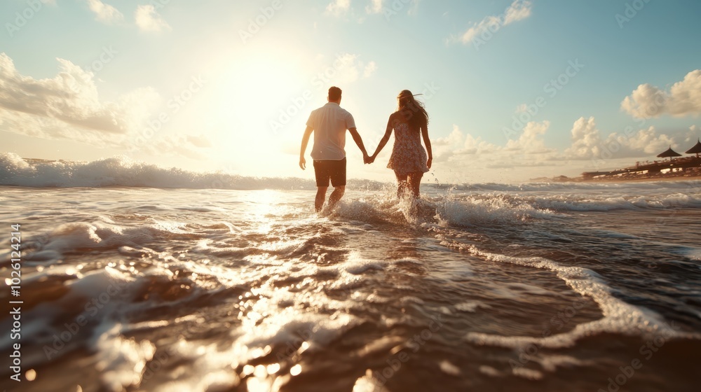 A couple joyfully runs through the splashing ocean waves, holding hands at sunset, embodying freedom, adventure, and companionship at the beach. A couple joyfully runs through the splashing ocean waves, holding hands at sunset, embodying freedom, adventure, and companionship at the beach.
