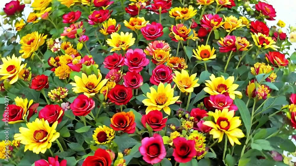 Bright red and yellow flowers with detailed petals fill the entire frame, creating a vivid and vibrant floral display, showcasing the beauty of nature in intricate detail. Bright red and yellow flowers with detailed petals fill the entire frame, creating a vivid and vibrant floral display, showcasing the beauty of nature in intricate detail.