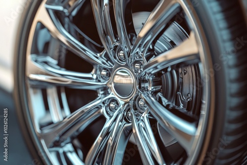 Shiny Car Wheel Close-Up with Silver Finish photo