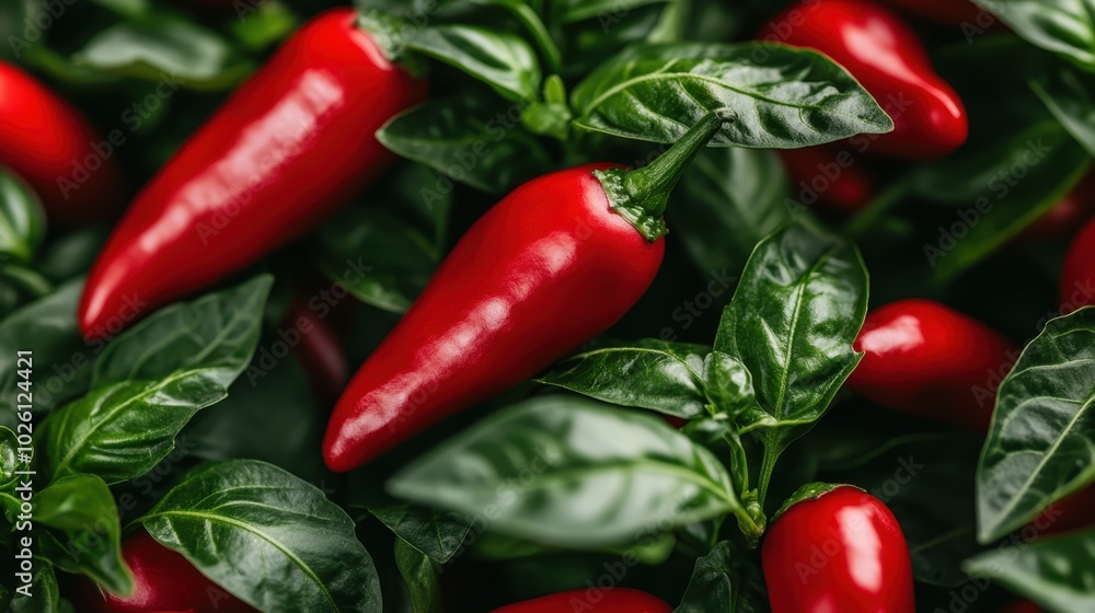 A close-up shot of vibrant red chili peppers resting on lush green leaves, presenting an eye-catching combination of colors and textures against a natural background. A close-up shot of vibrant red chili peppers resting on lush green leaves, presenting an eye-catching combination of colors and textures against a natural background.