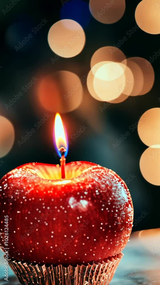 Candied apple with lit candle in bokeh setting Candied apple with lit candle in bokeh setting