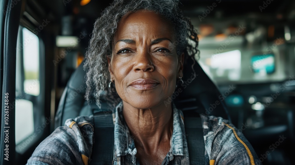 A confident woman with gray hair sits in a vehicle, gazing contemplatively forward, suggesting a journey or travel, exuding strength and determination. A confident woman with gray hair sits in a vehicle, gazing contemplatively forward, suggesting a journey or travel, exuding strength and determination.