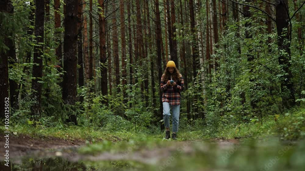 Young woman walking along a forest path uses her smartphone. Dressed in casual clothing and a beanie, she enjoys the beauty of nature while staying connected Young woman walking along a forest path uses her smartphone. Dressed in casual clothing and a beanie, she enjoys the beauty of nature while staying connected