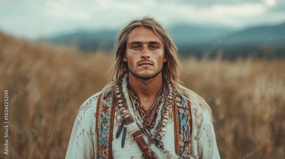 A portrait of a man with long hair, dressed in bohemian-styled clothing with vibrant patterns, standing confidently against a vast natural backdrop. A portrait of a man with long hair, dressed in bohemian-styled clothing with vibrant patterns, standing confidently against a vast natural backdrop.