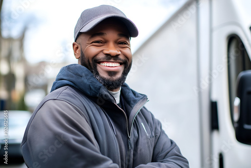 A cheerful smiling male delivery driver standing in front of a delivery van, Happy employee, Logistics and transportation industry