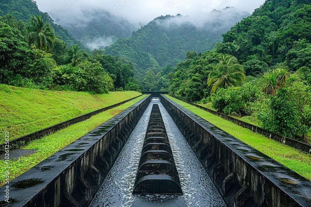 Fototapeta premium Concrete Canal Through Lush Tropical Landscape