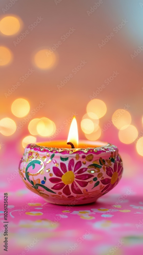 Ornate diya with hand-painted floral design, placed on a pastel pink backdrop with glowing bokeh lights, copy space, happy Diwali background, traditional, Indian festival. Ornate diya with hand-painted floral design, placed on a pastel pink backdrop with glowing bokeh lights, copy space, happy Diwali background, traditional, Indian festival.